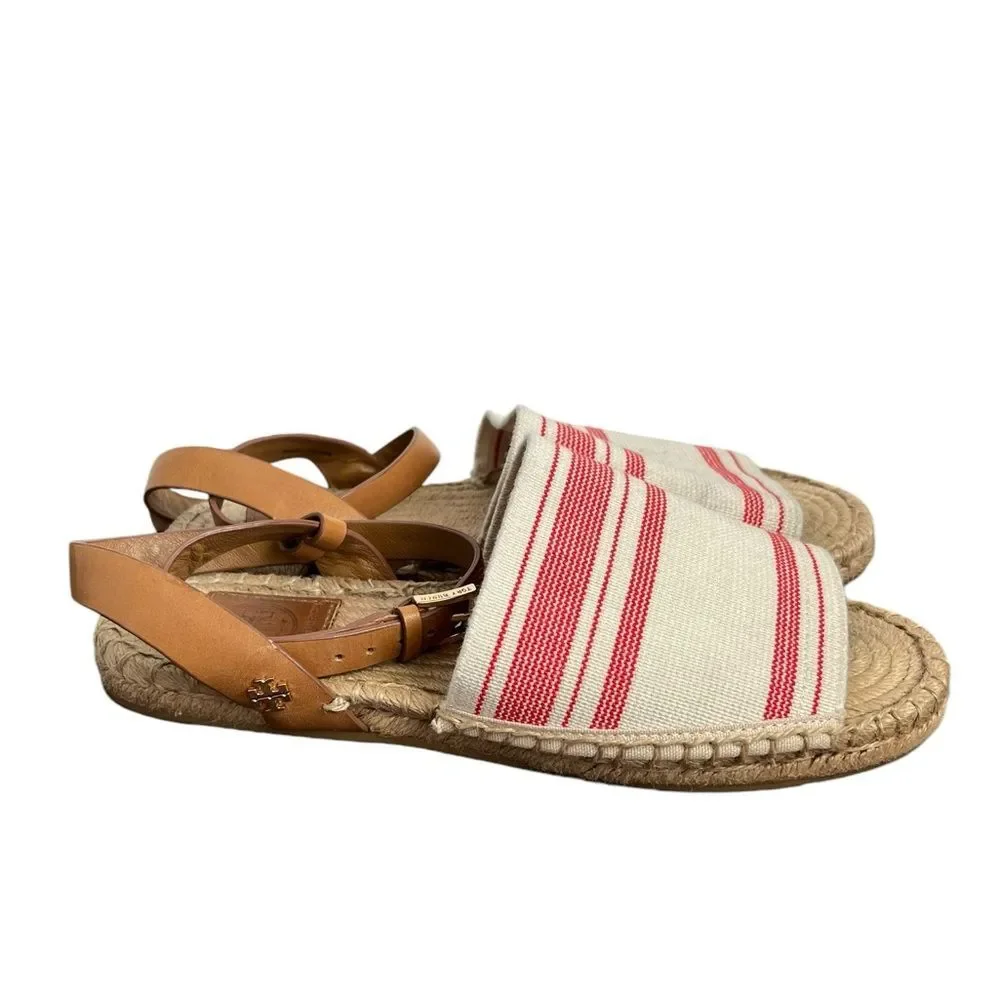 Tory Burch Espadrille Awning Stripe Leather Strap Sandals - Picture 2 of 9
